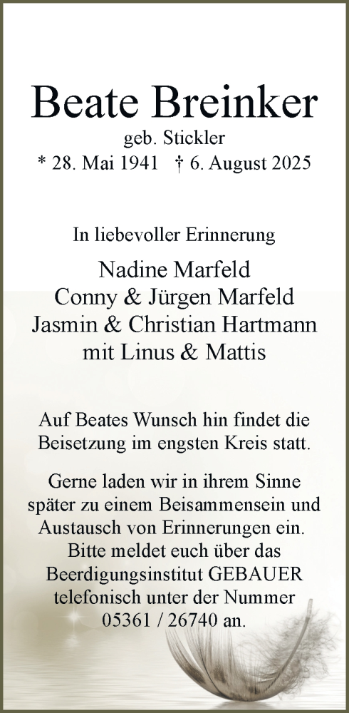 Traueranzeige von Beate Breinker von Braunschweiger Zeitung, Wolfsburger Nachrichten