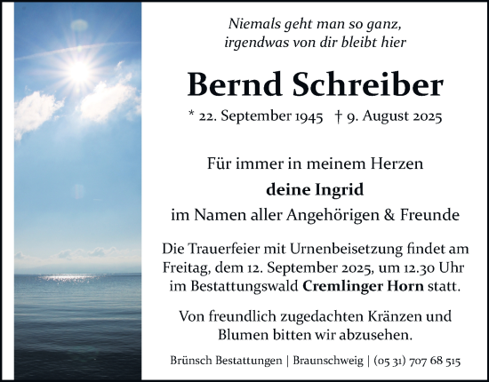 Traueranzeige von Bernd Schreiber von Braunschweiger Zeitung