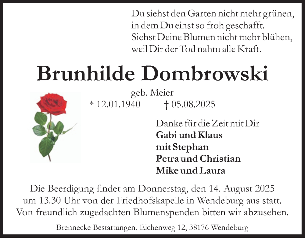  Traueranzeige für Brunhilde Dombrowski vom 09.08.2025 aus Peiner Nachrichten