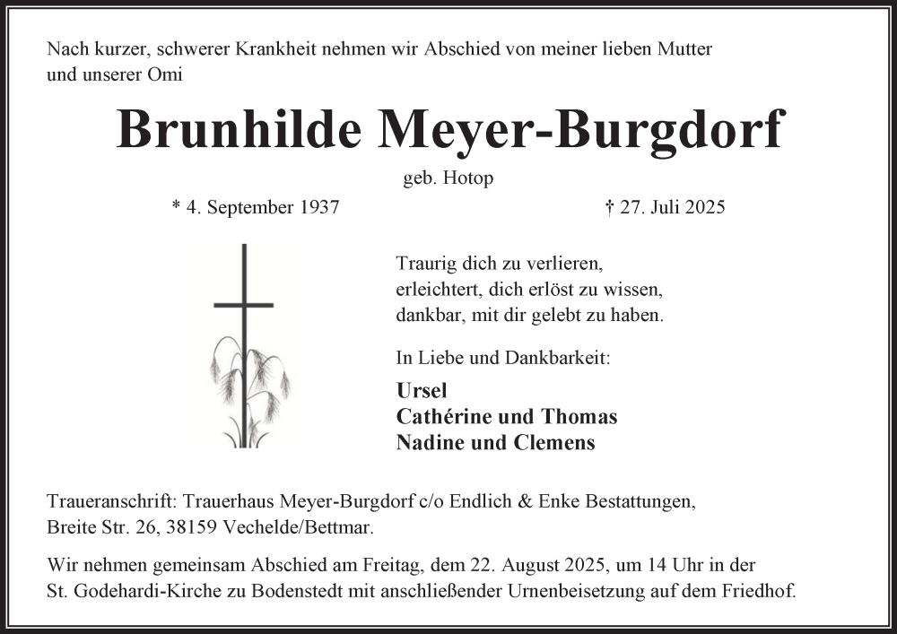  Traueranzeige für Brunhilde Meyer-Burgdorf vom 16.08.2025 aus Peiner Nachrichten