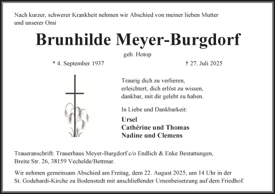 Traueranzeige von Brunhilde Meyer-Burgdorf von Peiner Nachrichten
