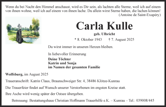 Traueranzeige von Carla Kulle von Braunschweiger Zeitung, Wolfsburger Nachrichten
