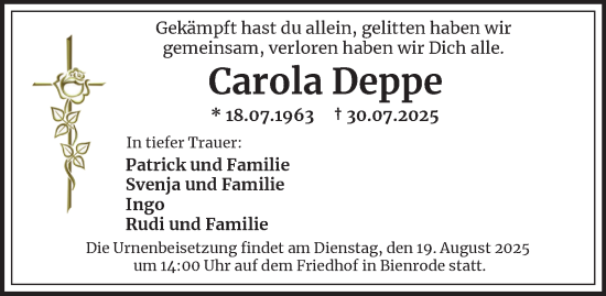 Traueranzeige von Carola Deppe von Salzgitter-Zeitung
