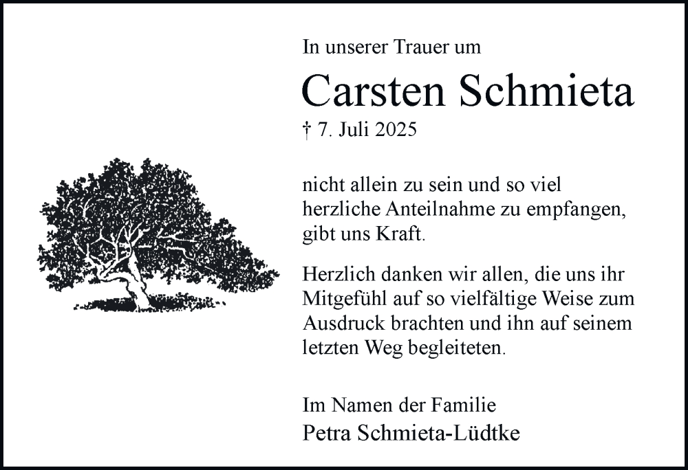  Traueranzeige für Carsten Schmieta vom 09.08.2025 aus Braunschweiger Zeitung, Wolfsburger Nachrichten