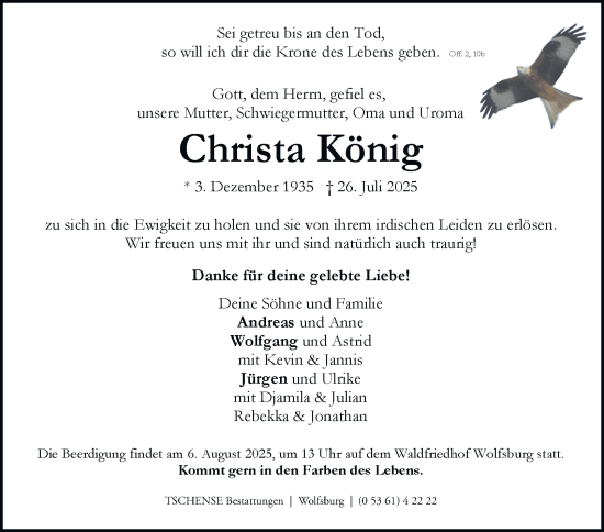 Traueranzeige von Christa König von Braunschweiger Zeitung, Wolfsburger Nachrichten