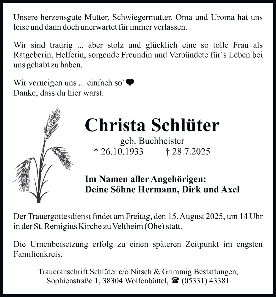  Traueranzeige für Christa Schlüter vom 09.08.2025 aus Wolfenbütteler Zeitung