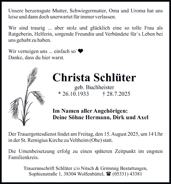 Traueranzeige von Christa Schlüter von Wolfenbütteler Zeitung