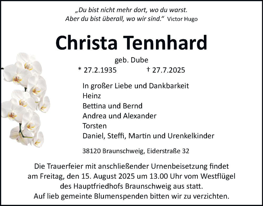  Traueranzeige für Christa Tennhard vom 09.08.2025 aus Braunschweiger Zeitung