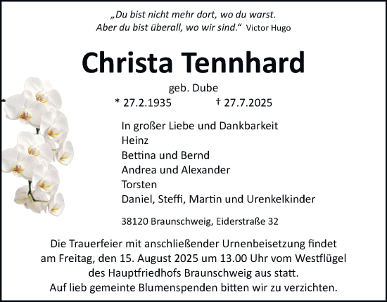 Traueranzeige von Christa Tennhard von Braunschweiger Zeitung