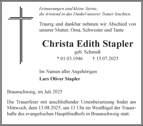 Traueranzeige von Christa Edith Stapler von Braunschweiger Zeitung