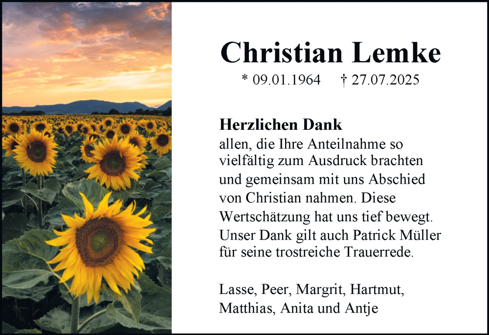  Traueranzeige für Christian Lemke vom 23.08.2025 aus Braunschweiger Zeitung