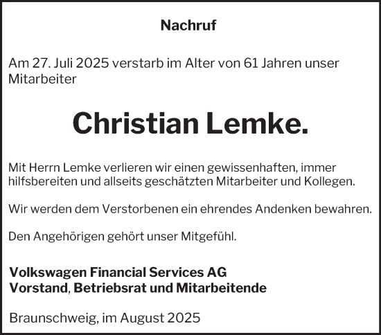 Traueranzeige von Christian Lemke von Braunschweiger Zeitung
