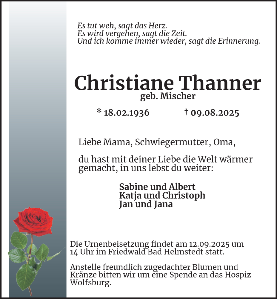  Traueranzeige für Christiane Thanner vom 30.08.2025 aus Braunschweiger Zeitung, Wolfsburger Nachrichten