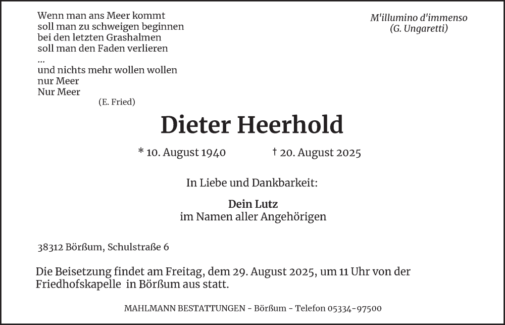  Traueranzeige für Dieter Heerhold vom 23.08.2025 aus Wolfenbütteler Zeitung