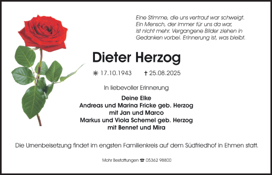 Traueranzeige von Dieter Herzog von Braunschweiger Zeitung, Wolfsburger Nachrichten