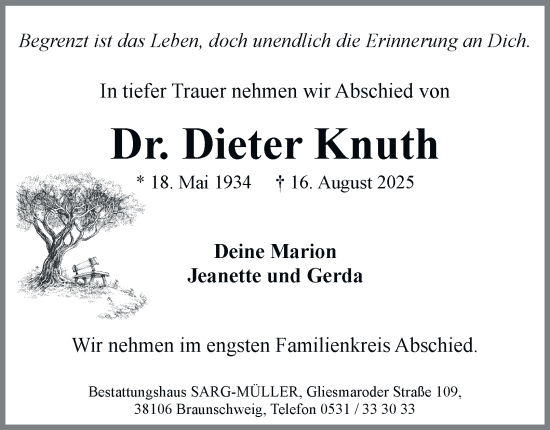 Traueranzeige von Dieter Knuth von Braunschweiger Zeitung