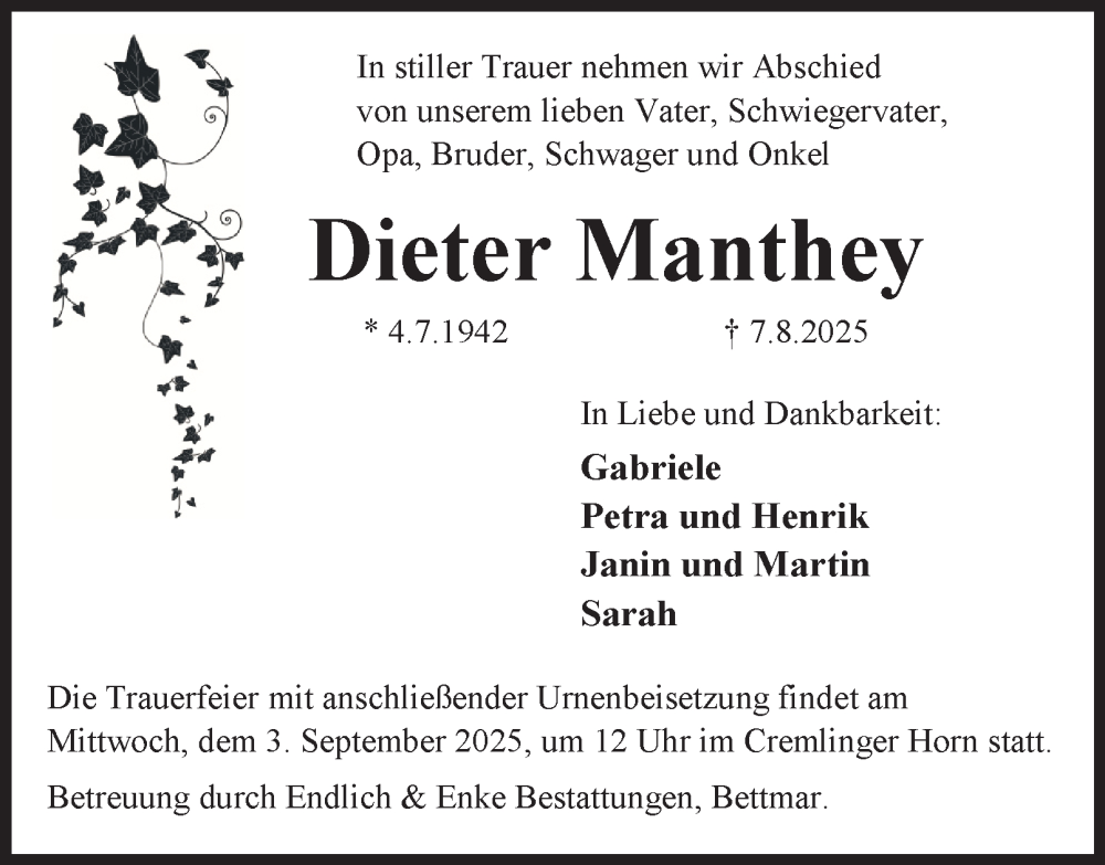  Traueranzeige für Dieter Manthey vom 30.08.2025 aus Braunschweiger Zeitung