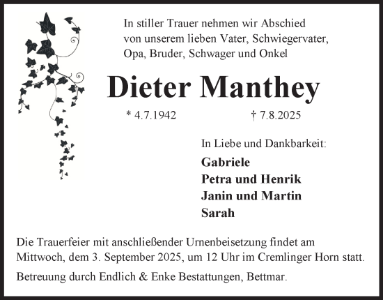 Traueranzeige von Dieter Manthey von Braunschweiger Zeitung