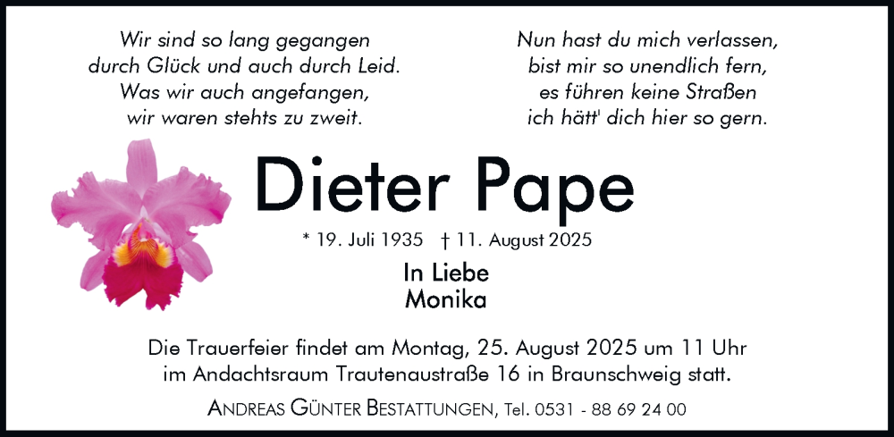  Traueranzeige für Dieter Pape vom 16.08.2025 aus Braunschweiger Zeitung