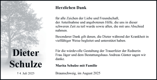 Traueranzeige von Dieter Schulze von Braunschweiger Zeitung