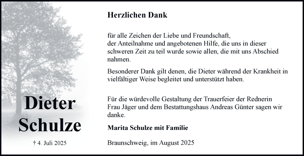 Traueranzeige für Dieter Schulze vom 23.08.2025 aus Braunschweiger Zeitung