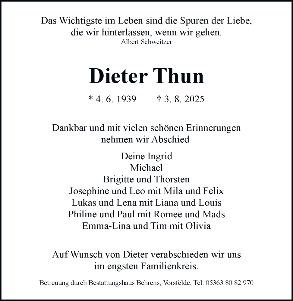  Traueranzeige für Dieter Thun vom 16.08.2025 aus Braunschweiger Zeitung, Wolfsburger Nachrichten