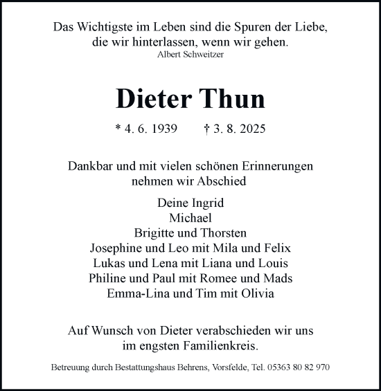 Traueranzeige von Dieter Thun von Braunschweiger Zeitung, Wolfsburger Nachrichten