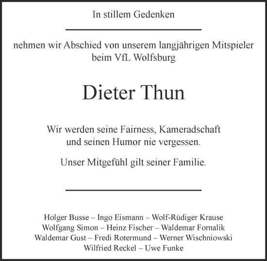 Traueranzeige von Dieter Thun von Braunschweiger Zeitung, Wolfsburger Nachrichten