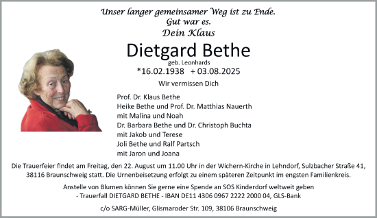 Traueranzeige von Dietgard Bethe von Braunschweiger Zeitung