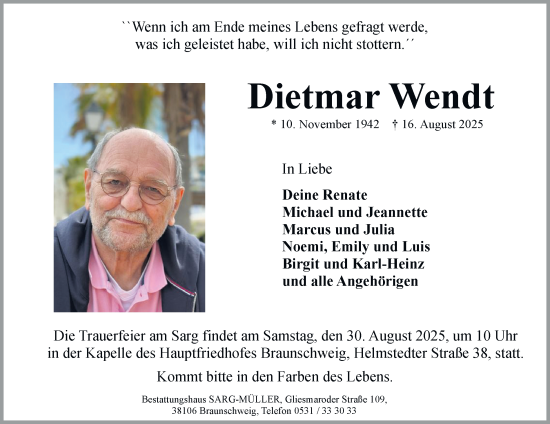 Traueranzeige von Dietmar Wendt von Braunschweiger Zeitung
