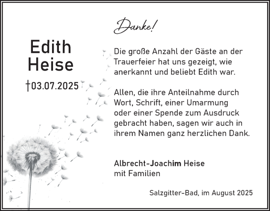 Traueranzeige von Edith Heise von Salzgitter-Zeitung