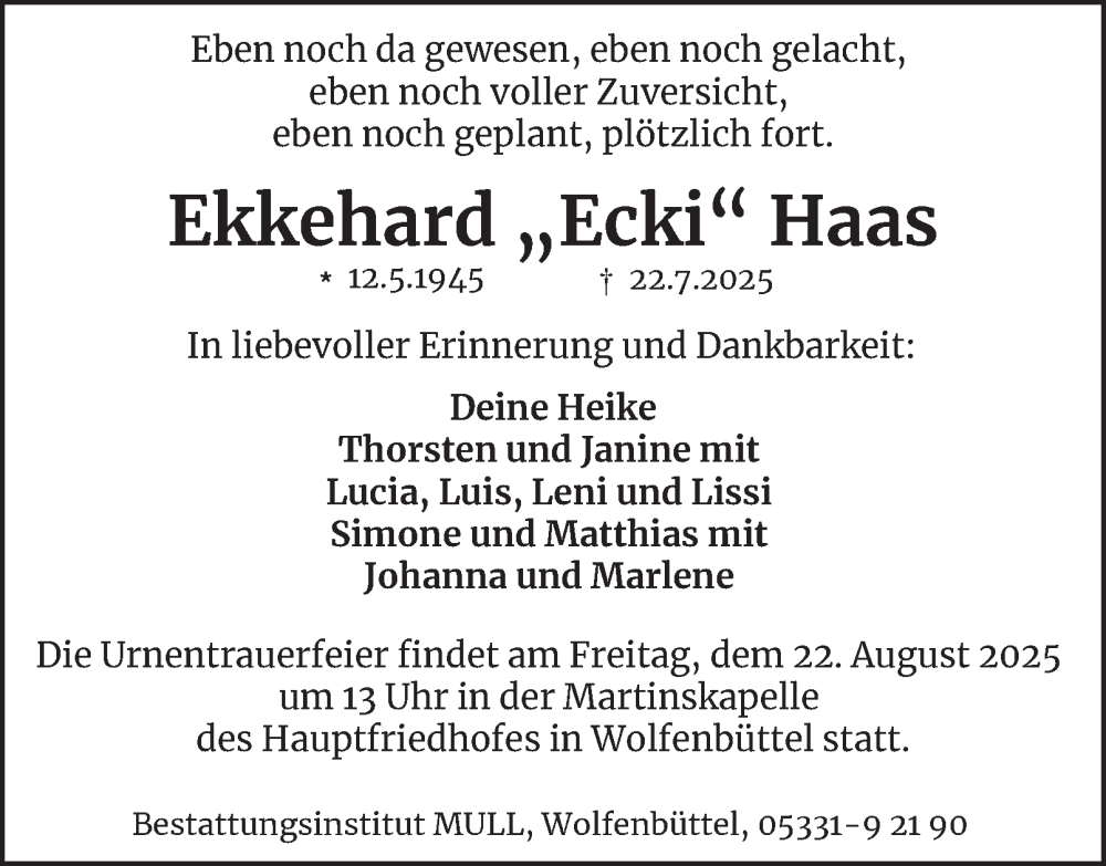  Traueranzeige für Ekkehard Haas vom 16.08.2025 aus Wolfenbütteler Zeitung