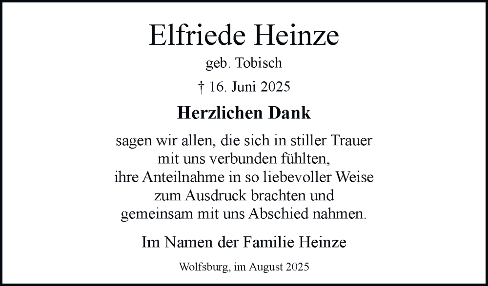  Traueranzeige für Elfriede Heinze vom 09.08.2025 aus Braunschweiger Zeitung, Wolfsburger Nachrichten