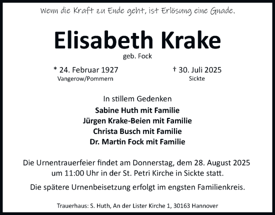 Traueranzeige von Elisabeth Krake von Wolfenbütteler Zeitung