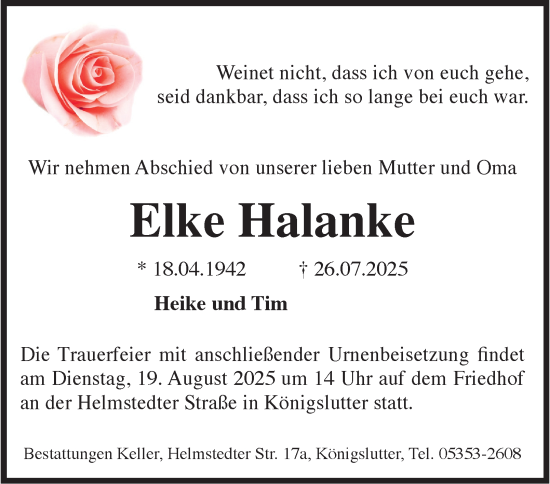 Traueranzeige von Elke Halanke von Helmstedter Nachrichten