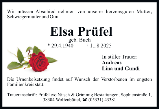 Traueranzeige von Elsa Prüfel von Braunschweiger Zeitung