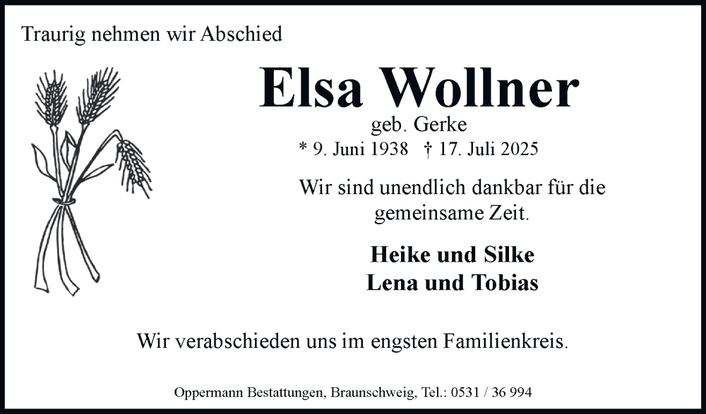  Traueranzeige für Elsa Wollner vom 02.08.2025 aus Braunschweiger Zeitung