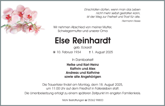 Traueranzeige von Else Reinhardt von Braunschweiger Zeitung, Wolfsburger Nachrichten