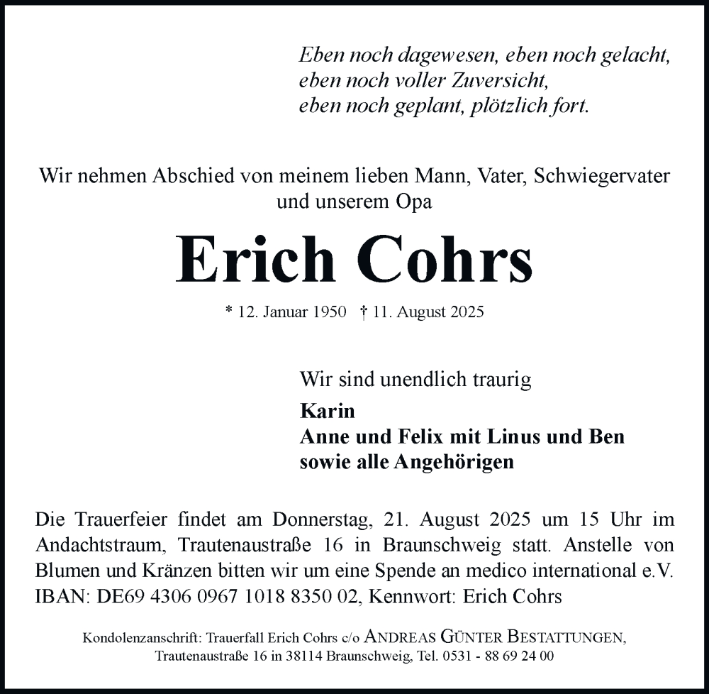  Traueranzeige für Erich Cohrs vom 16.08.2025 aus Helmstedter Nachrichten