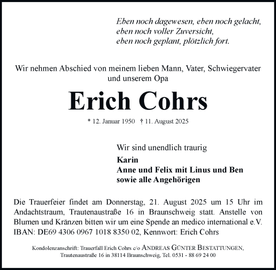 Traueranzeige von Erich Cohrs von Helmstedter Nachrichten