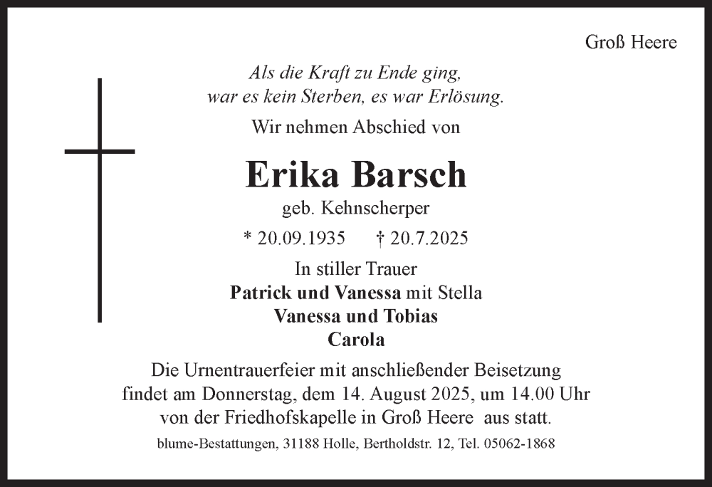  Traueranzeige für Erika Barsch vom 02.08.2025 aus Salzgitter-Zeitung