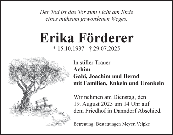 Traueranzeige von Erika Förderer von Braunschweiger Zeitung, Wolfsburger Nachrichten
