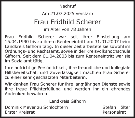 Traueranzeige von Fridhild Scherer 
