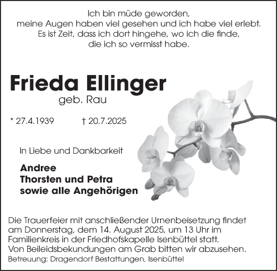 Traueranzeige von Frieda Ellinger von Braunschweiger Zeitung, Wolfsburger Nachrichten