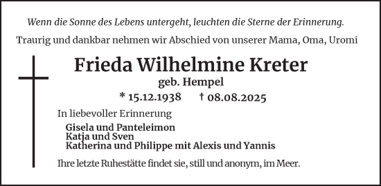 Traueranzeige von Frieda Wilhelmine Kreter von Neue Braunschweiger am Samstag