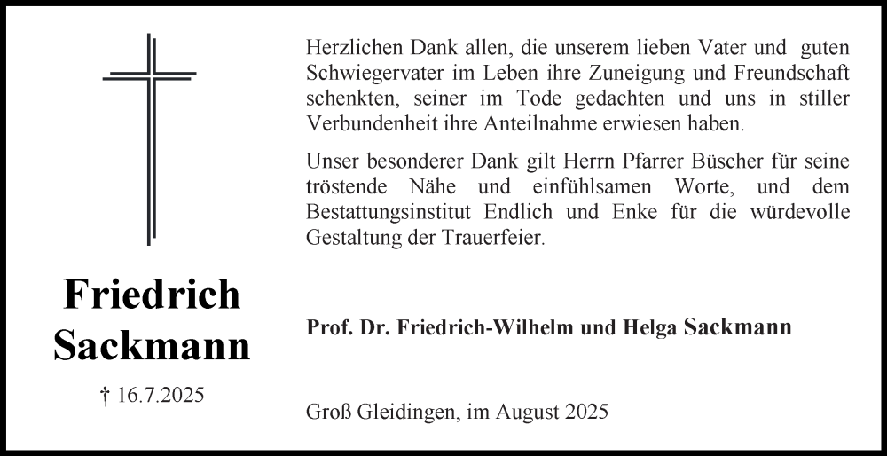  Traueranzeige für Friedrich Sackmann vom 09.08.2025 aus Peiner Nachrichten