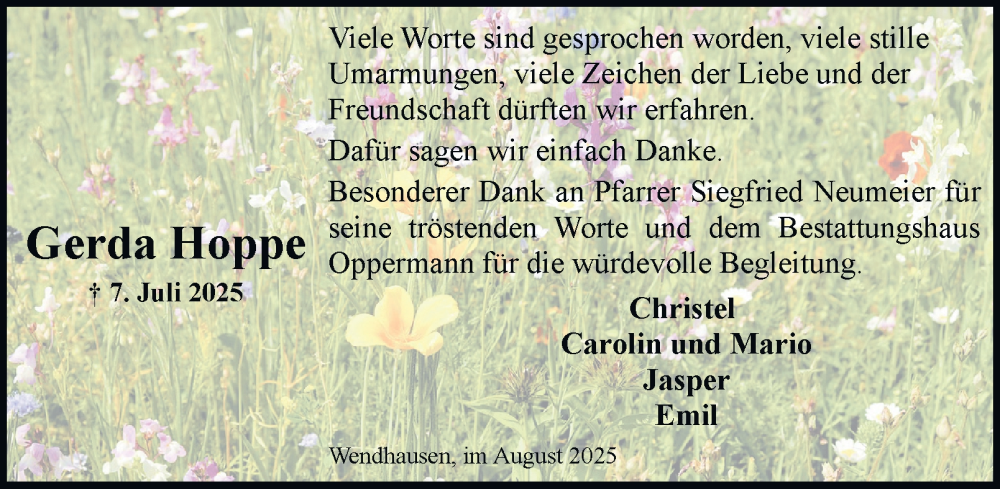  Traueranzeige für Gerda Hoppe vom 16.08.2025 aus Braunschweiger Zeitung