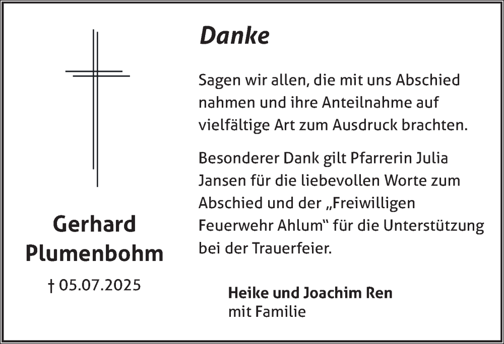 Traueranzeige für Gerhard Plumenbohm vom 16.08.2025 aus Wolfenbütteler Zeitung