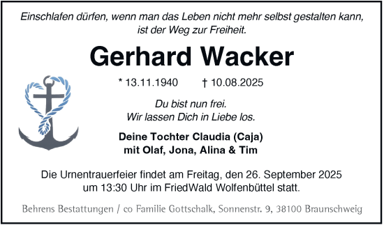 Traueranzeige von Gerhard Wacker von Braunschweiger Zeitung