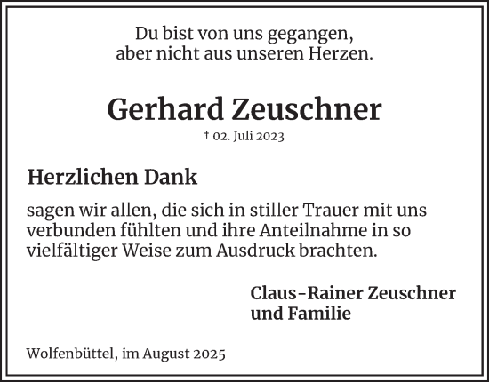 Traueranzeige von Gerhard Zeuschner von Wolfenbütteler Zeitung